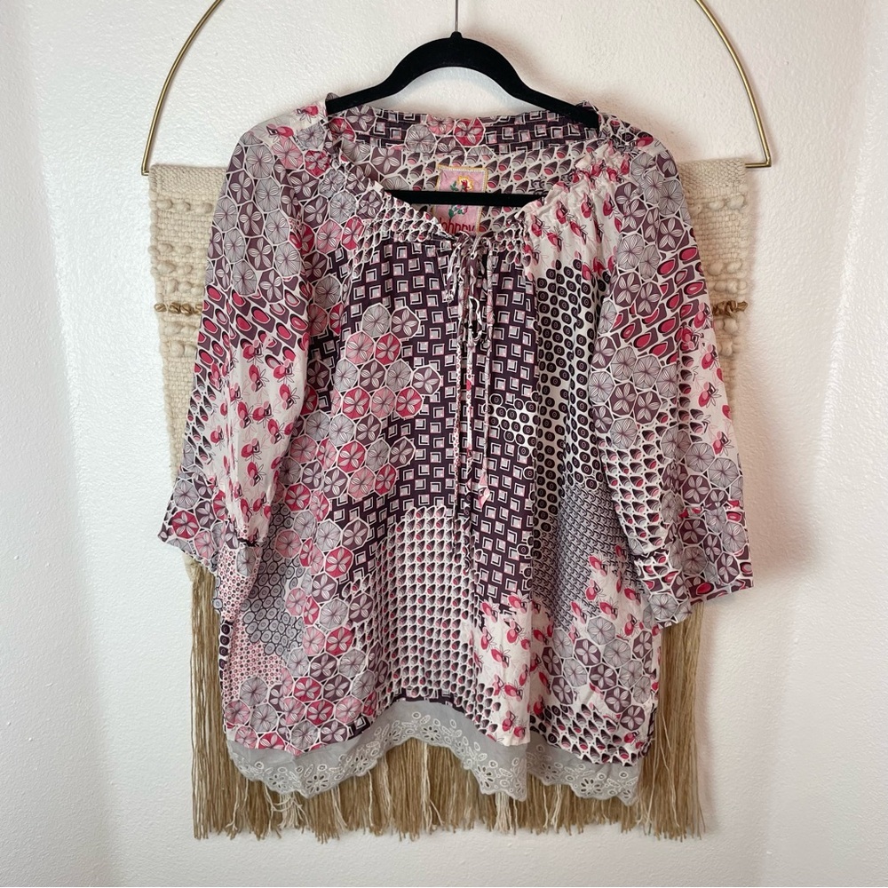 Johnny Was 100% Silk Floral Patchwork Tunic Top S